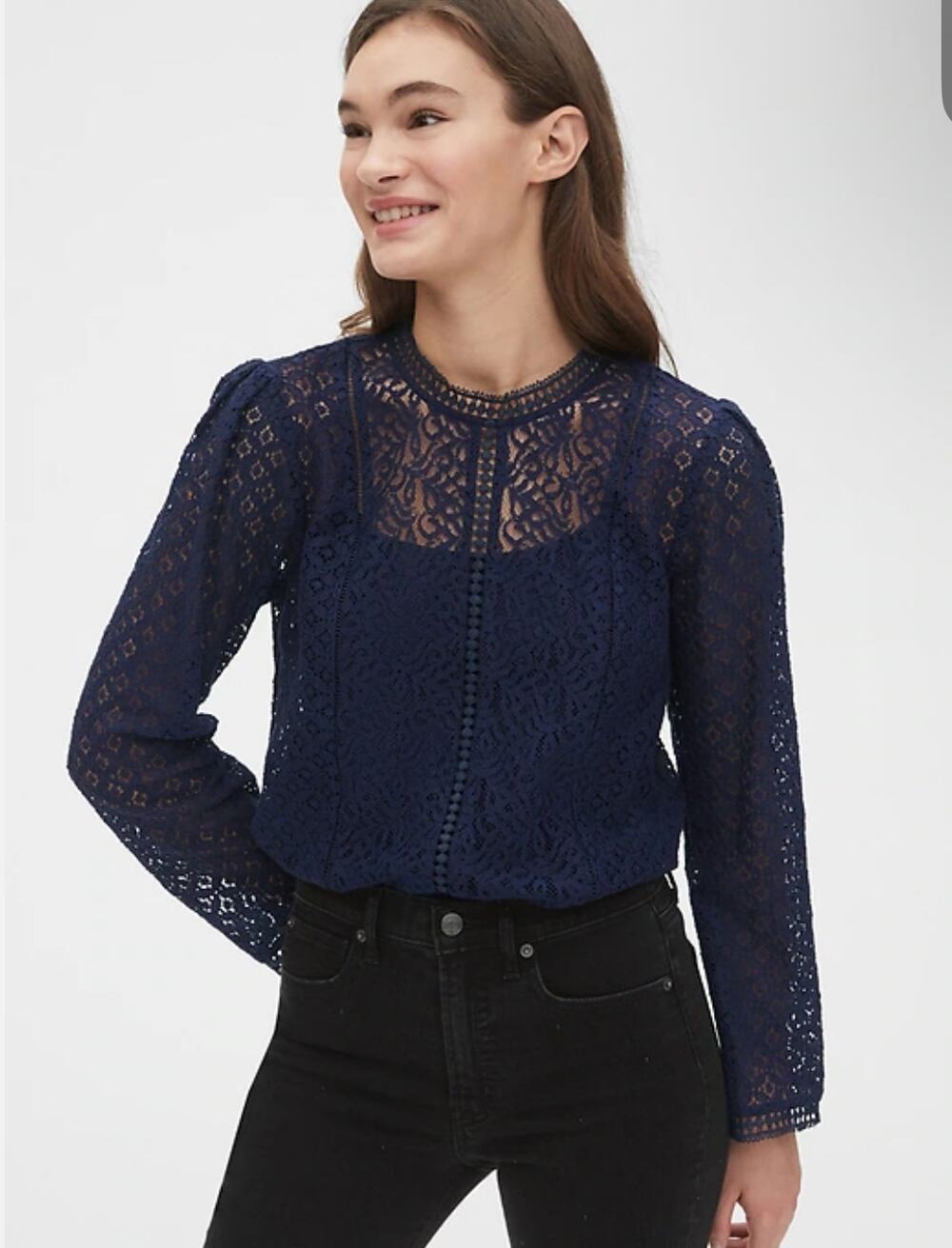 NEW GAP Lace Mockneck Top Blouse Crochet Sheer Navy Size XS Romantic Victorian